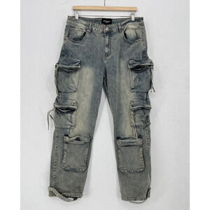 Victorious Mens Blue Baggy Fit Multi-Pocket Cargo Denim Jeans